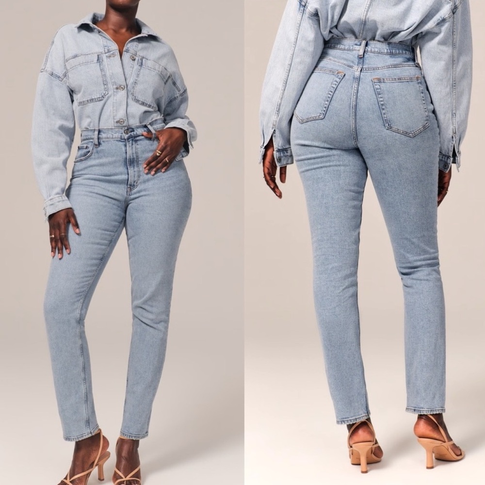 ABERCROMBIE & FITCH The Ankle Curve Straight Ultra High Rise Distressed Jeans